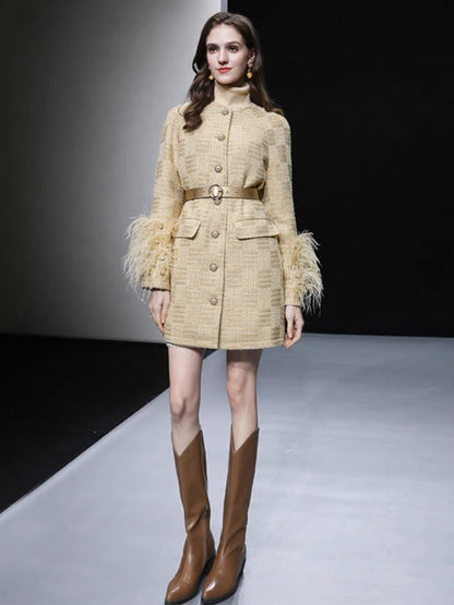 2023 winter new fashion temperament heavy industry beaded ostrich feather down lining tweed down jacket