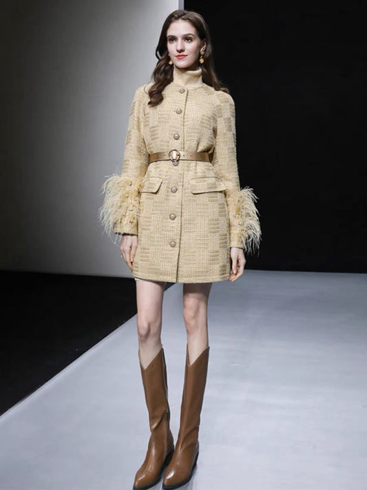 2023 winter new fashion temperament heavy industry beaded ostrich feather down lining tweed down jacket