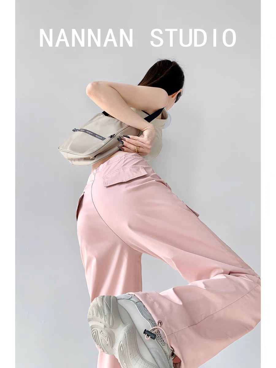 Yuppie hotties walking the streets low-waist drawstring pink overalls for women ins trendy loose American leg-tie straight wide-leg pants