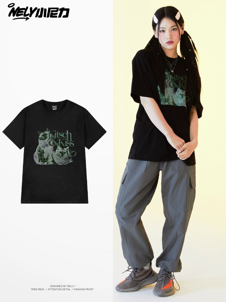 Nely cute cat print short-sleeved T-shirt for men and women loose summer American casual oversize top