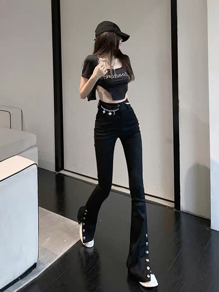 2023 new autumn niche design micro-flare jeans for women high-waist slim slimming slit wide-leg trousers (B3916)
