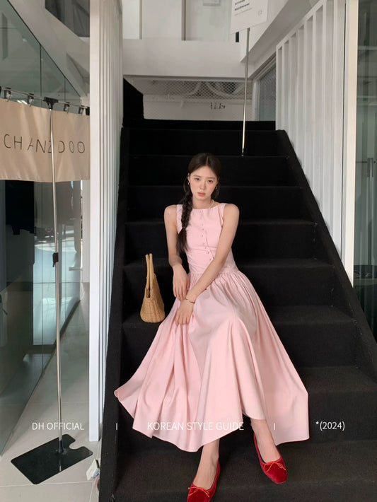 DH OFFICIAL Big Flower [Peninsula Art Museum] Pink Dress Women's Summer Korean Palace Style Gentle Long Dress