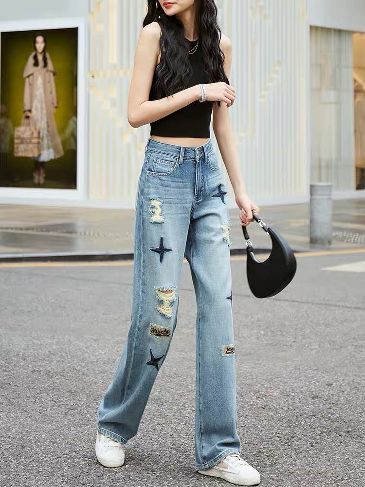 Hot diamond embroidered ripped straight jeans for women loose wide legs  2023 autumn new high waist drape floor mopping pants (P131)