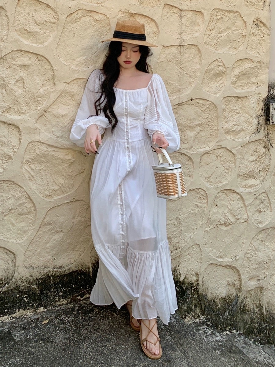 Tang Gongzi French white dress for tea break, waist slimming, high-end and elegant fairy dress for seaside vacation