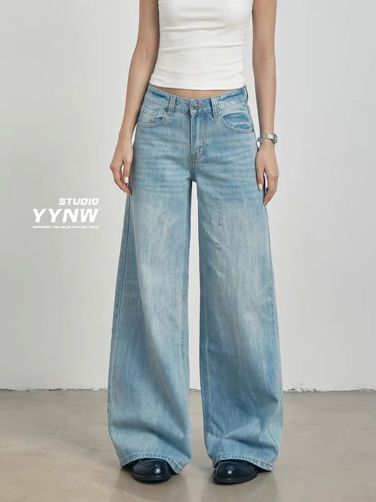 Women's American-style light blue wide-leg jeans (Summer 2026 new arrival): loose, slimming, casual floor-length style featuring distressed rips and abrasions.