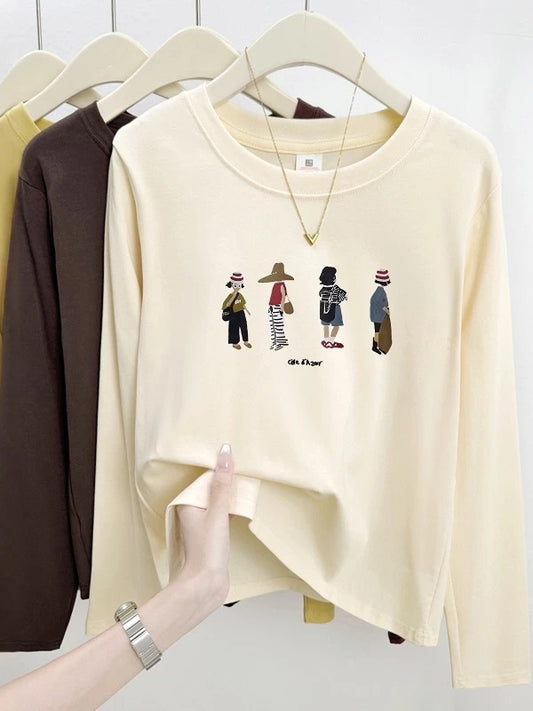 2025 Early Autumn New Style Bottoming Shirt Western Style Straight Shoulder Women's Long Sleeve T-shirt Round Neck College Style Letter Printed Top