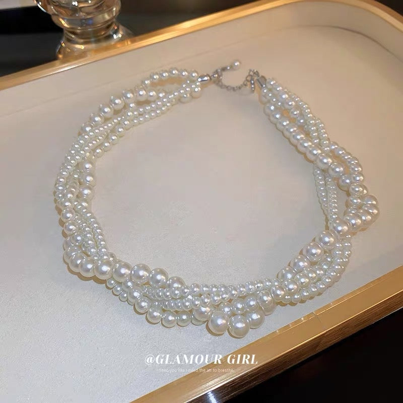 French retro pearl multi-layer necklace fashion personality temperament neck chain clavicle chain design sense twist winding necklace