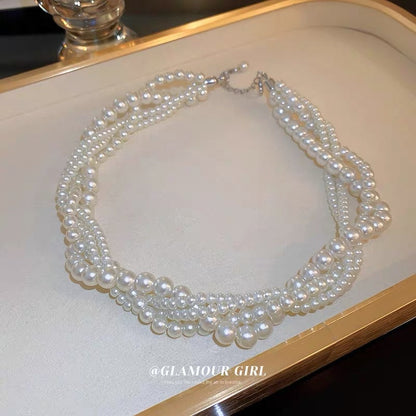French retro pearl multi-layer necklace fashion personality temperament neck chain clavicle chain design sense twist winding necklace