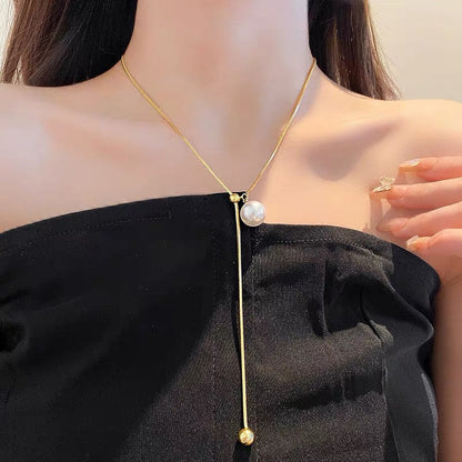 French style pearl round bead tassel Y-shaped adjustable necklace fashionable personality clavicle chain high-end necklace for women