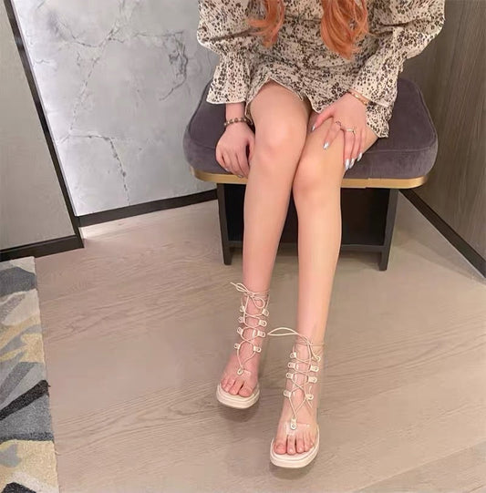 2023 niche hollow cross strap open toe high heels transparent waterproof platform crystal heel medium heel Roman sandals for women