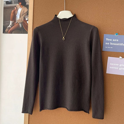 Retro soft and sticky cashmere rolled-edge turtleneck knit sweater for women, autumn and winter, gentle and versatile layering base layer top.