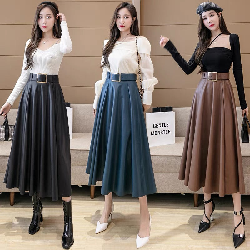 Brown leather skirt 2023 new high-waisted pleated A-line skirt for women autumn and winter mid-length hip-covering long skirt