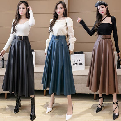 Brown leather skirt 2023 new high-waisted pleated A-line skirt for women autumn and winter mid-length hip-covering long skirt