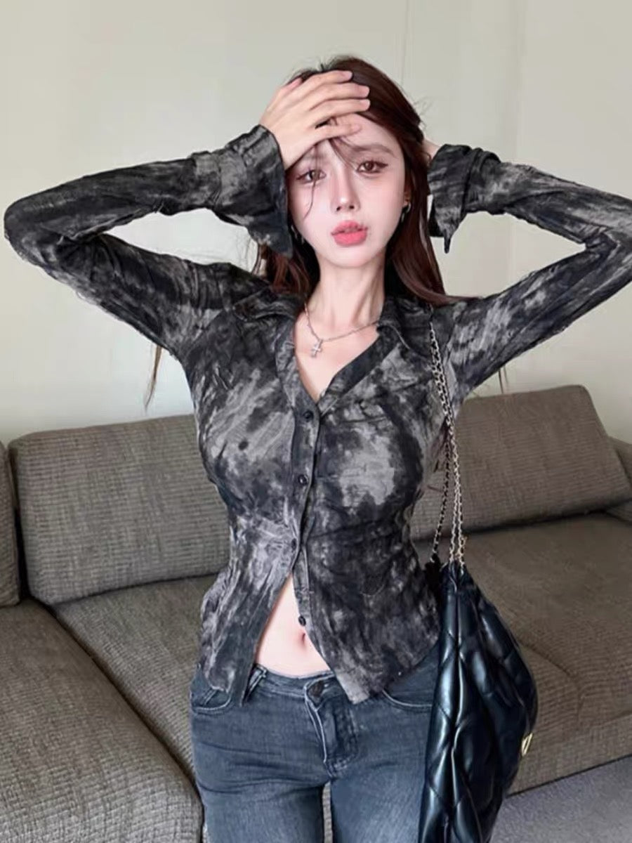Retro hottie lapel ripped long-sleeved single-breasted shirt for women with autumn design, distressed slim fit and elegant top