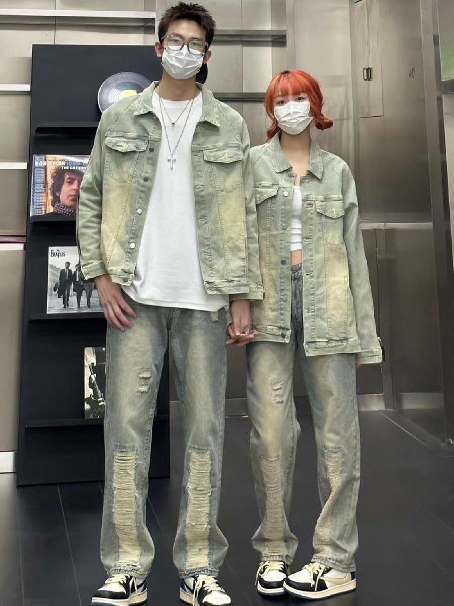 Washed yellow mud denim jacket men's spring and autumn zipper American workwear jacket tide brand couple retro denim jacket gown