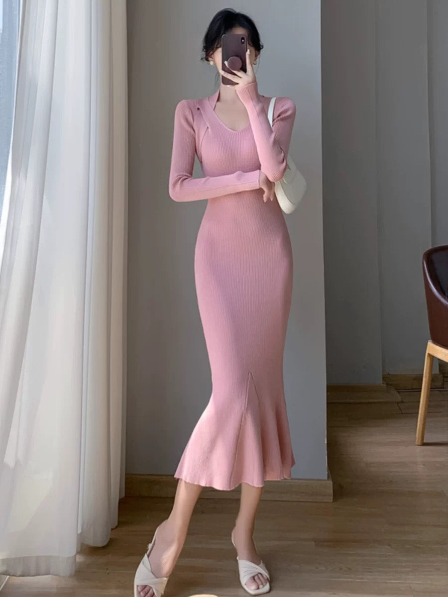 French elegant knitted dress for women autumn and winter 2023 new slim fit inner mid-length fishtail sweater skirt