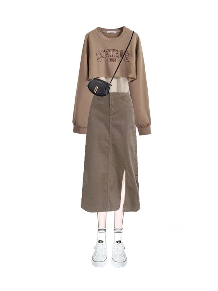 Autumn clothes for women, a complete set of sweatshirts, skirts and high-quality 2023 new denim hip-covering dresses