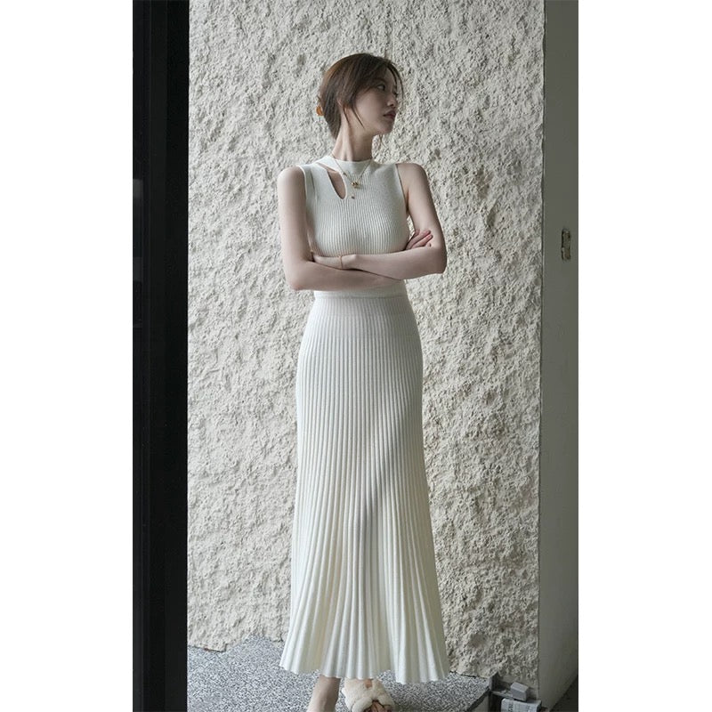 SerioLudere Eggboy is very lazy. Two-color waist slimming inner bottoming knitted skirt pleated long dress D436