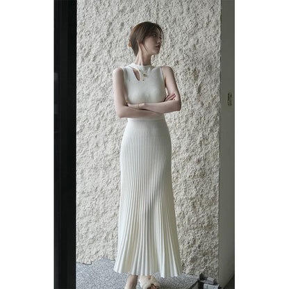 SerioLudere Eggboy is very lazy. Two-color waist slimming inner bottoming knitted skirt pleated long dress D436