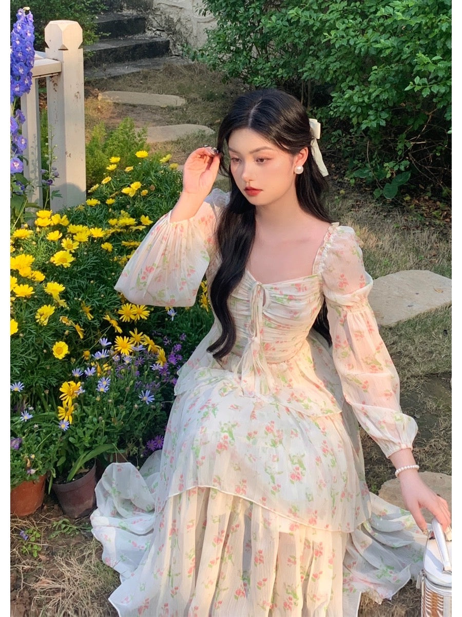Tang Gongzi's stunning printed dress, slim fit, puff sleeves, French style, chiffon long skirt for seaside vacation