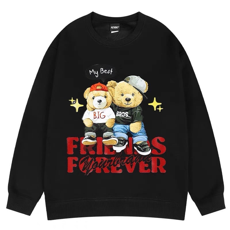 Bear sweatshirt for men and women with niche design for autumn and winter plus velvet round neck oversize graffiti high-end street jacket