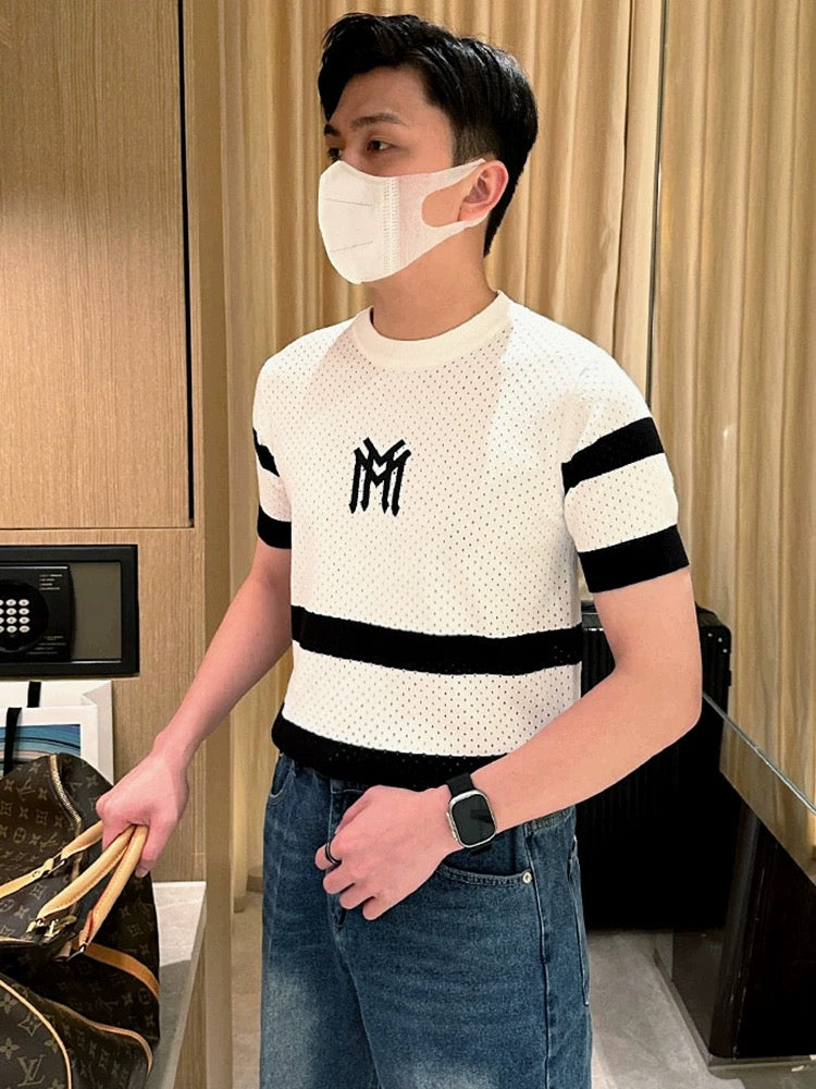 Summer trend embroidery color matching striped slim fit T-shirt men 2024 new casual mesh hollow knitted short sleeve men