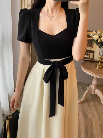 French style small fragrance square collar dress women 2023 summer new Hepburn style high-quality temperament high waist slimming dress