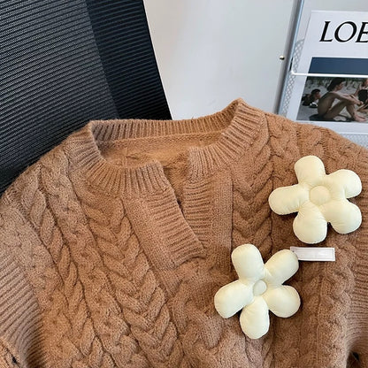 French salt top three-dimensional flower design short sweater women's fake two-piece loose long-sleeved knitted autumn new style