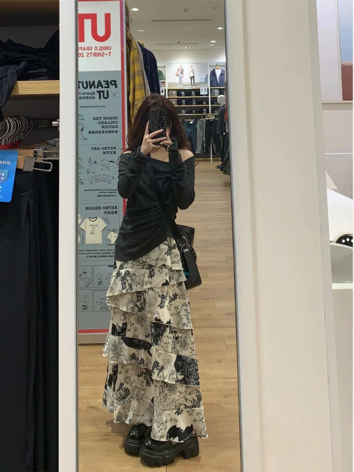 2025 early spring new ruffled floral cake skirt retro high waist slim a-line petite long skirt two-piece suit