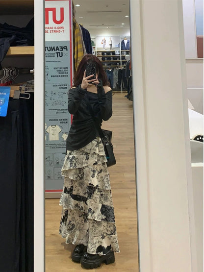2025 early spring new ruffled floral cake skirt retro high waist slim a-line petite long skirt two-piece suit