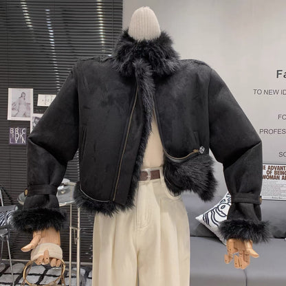 Fur all-in-one motorcycle jacket short style Korean style imitation deerskin velvet zipper warm stylish jacket for women