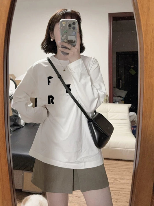 100% cotton American retro Hong Kong style chic straight shoulder long-sleeved T-shirt women's loose lazy niche design top