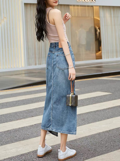 Slit denim skirt for petite women 2023 new autumn high waist design niche mid-length a-line skirt (S131)