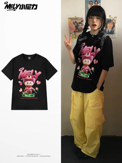 NELY American high street cartoon print short-sleeved T-shirt for men and women loose hip-hop casual couple T-shirt ins
