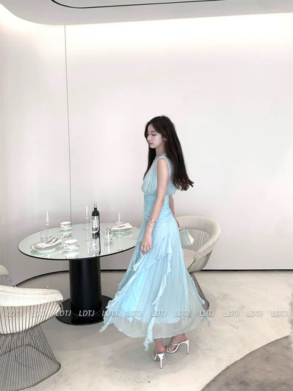 LDTJ Haute Couture 23 Autumn and Winter New Elegant Fairy Sleeveless Vacation Pleated Waist Tencel Broken Print Dress