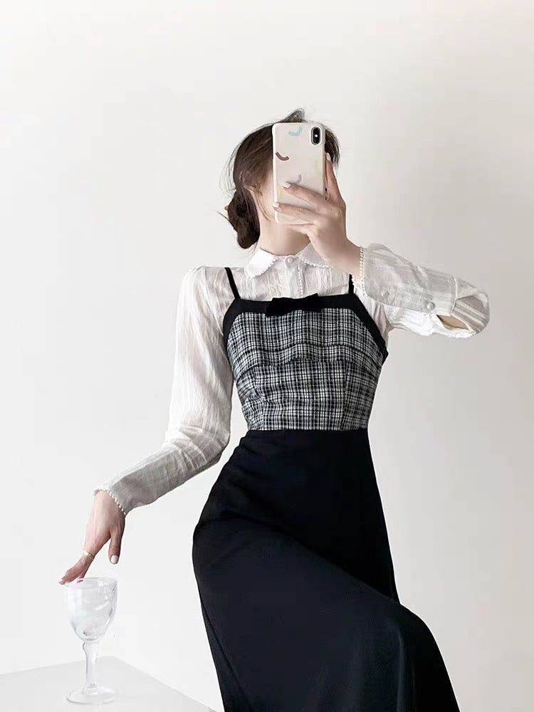 Sweet and cool college style suit skirt for women spring new style fashionable temperament gentle sweet suspender skirt two-piece set D9296