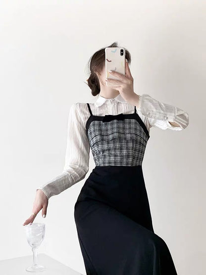 Sweet and cool college style suit skirt for women spring new style fashionable temperament gentle sweet suspender skirt two-piece set D9296