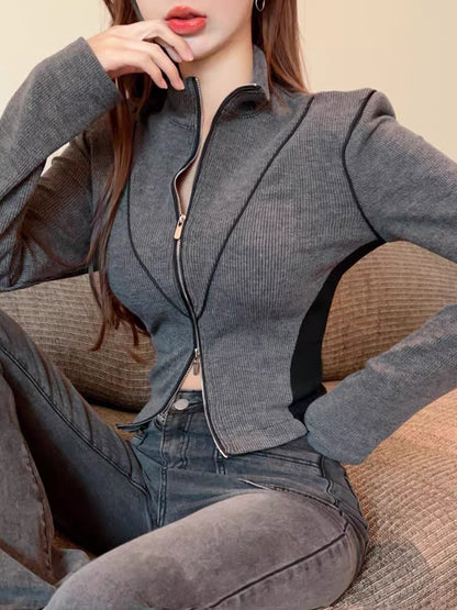Autumn sweet and cool stand-up collar short long-sleeved double zipper design t-shirt cardigan women's slim and versatile coat top