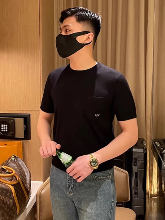Summer fashion high-end bee embroidery casual solid color T-shirt men's advanced simple knitted short sleeve 2024 new men