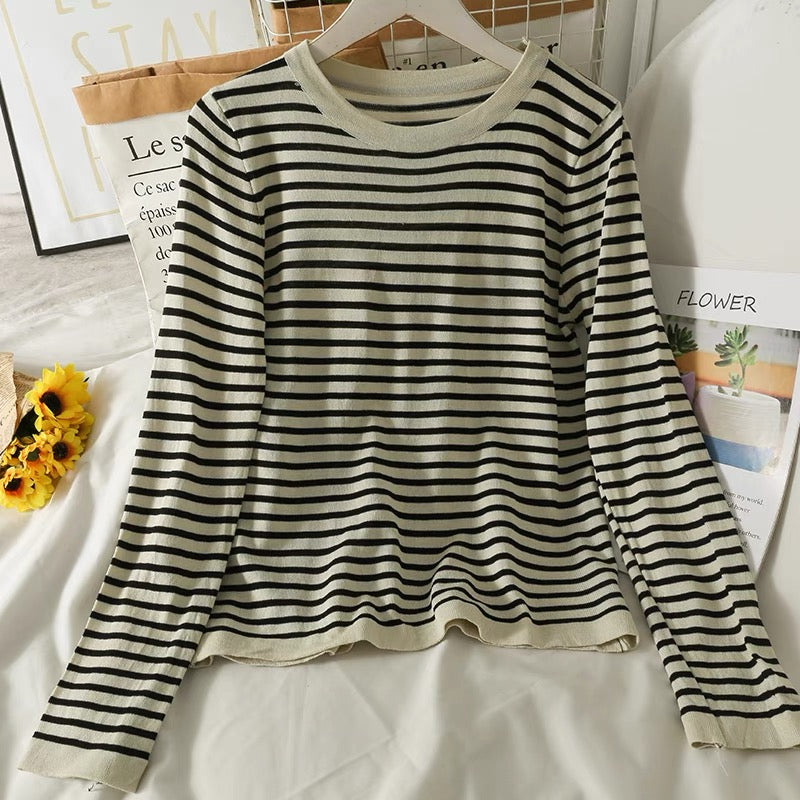 Suit Women's New Striped Slim Fit Round Neck Long Sleeve Knitted Bottoming Shirt Drawstring Tie High Waisted Wide Leg Pants Autumn