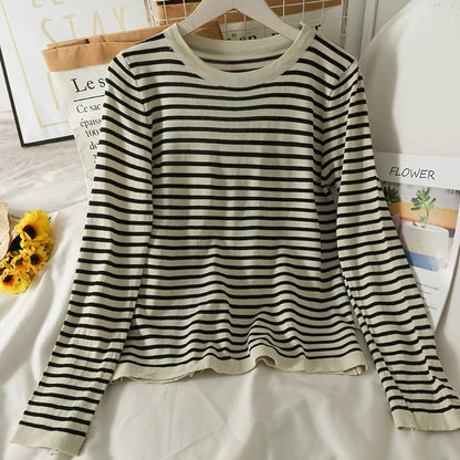 Suit Women's New Striped Slim Fit Round Neck Long Sleeve Knitted Bottoming Shirt Drawstring Tie High Waisted Wide Leg Pants Autumn