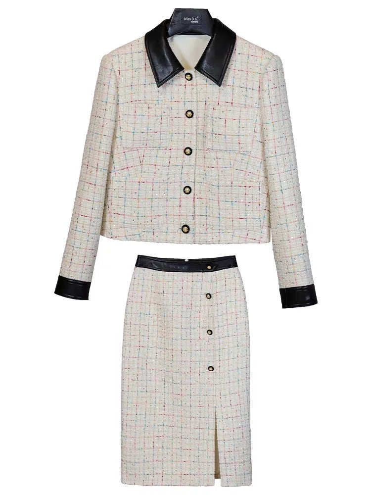 Miss DG small fragrance suit 2023 autumn and winter temperament simple high-end short coat mid-length skirt two-piece set for women (S0686)