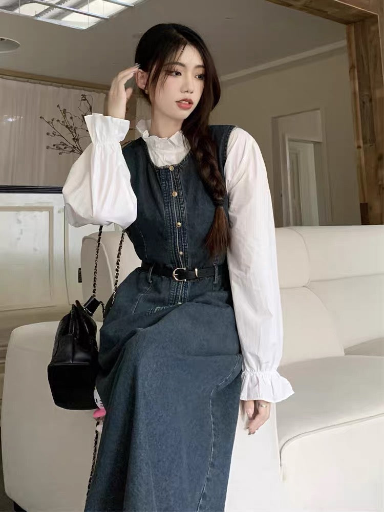 Early autumn new temperament retro denim dress suit women's suspender long skirt stand collar white shirt two-piece set (S0971)