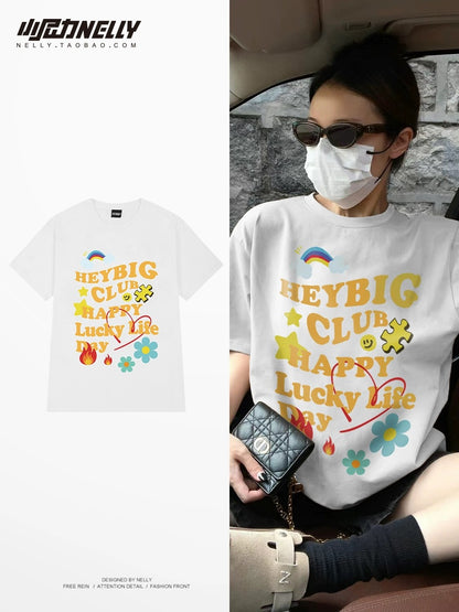 Summer dopamine letter printed short-sleeved T-shirt for men and women loose trend 2024 new half-sleeved T-shirt pure cotton top