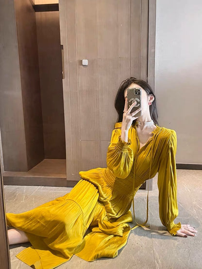 Green high-end temperament long-sleeved dress women's autumn long skirt extra-long ankle-length seaside vacation skirt dress