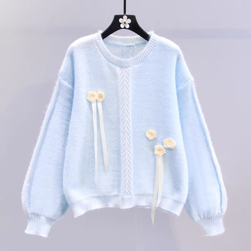 Gentle style three-dimensional flower sweater for women autumn and winter 2023 new Japanese style loose design western style sweater top (S3331)