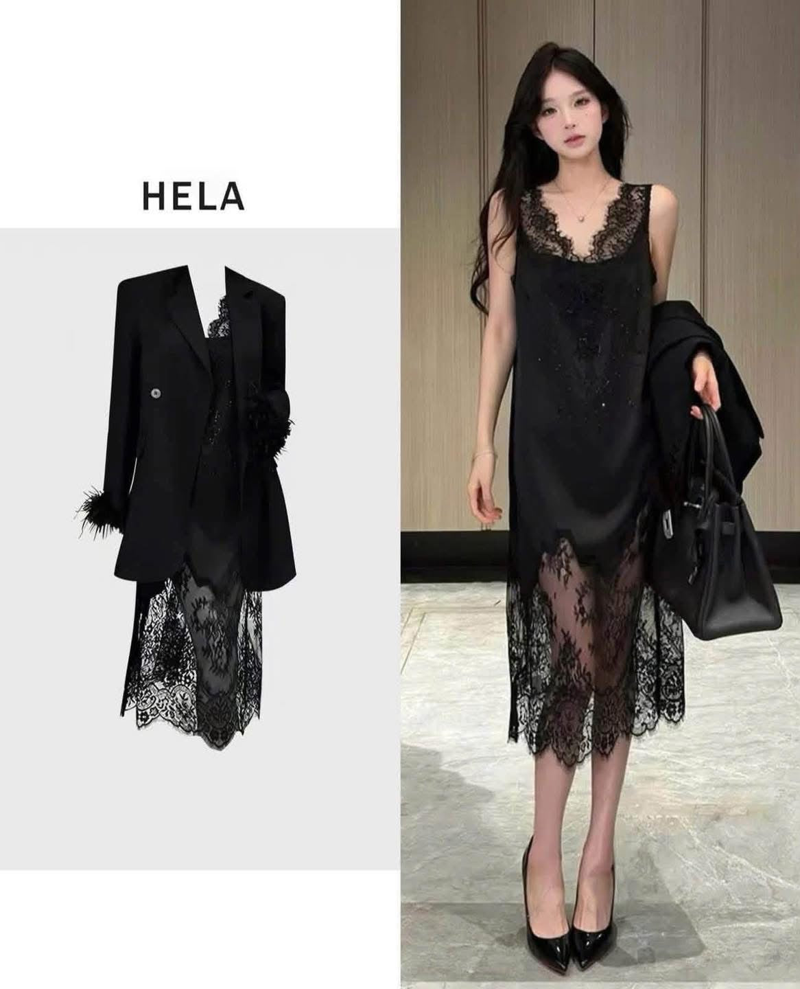 HELA Plus-Size French-Style Sophisticated Blazer & Sexy Lace Inner Dress Set (Autumn/Winter 2025)
