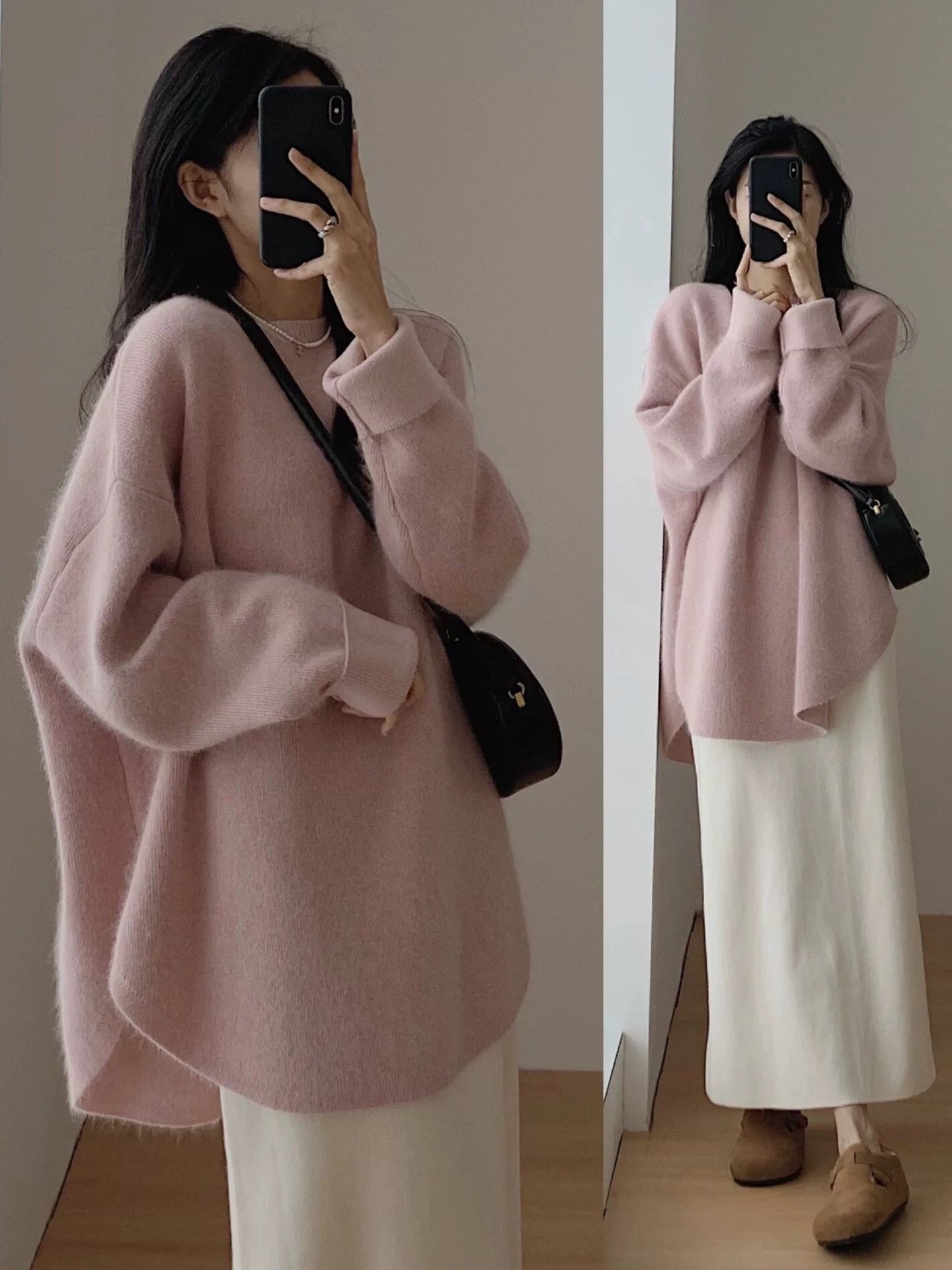 Raccoon velvet pullover sweater for women autumn and winter outer wear mid-length Japanese style lazy retro split knitted sweater winter thickening