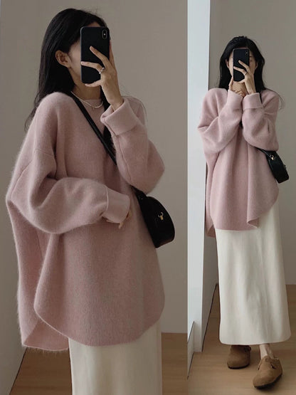 Raccoon velvet pullover sweater for women autumn and winter outer wear mid-length Japanese style lazy retro split knitted sweater winter thickening