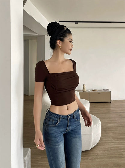 Jingye Hot Girl Square Tie Chest Pad Short Sleeve T-shirt Women's Summer New Style Waist Slimming Pleated Design Short Top